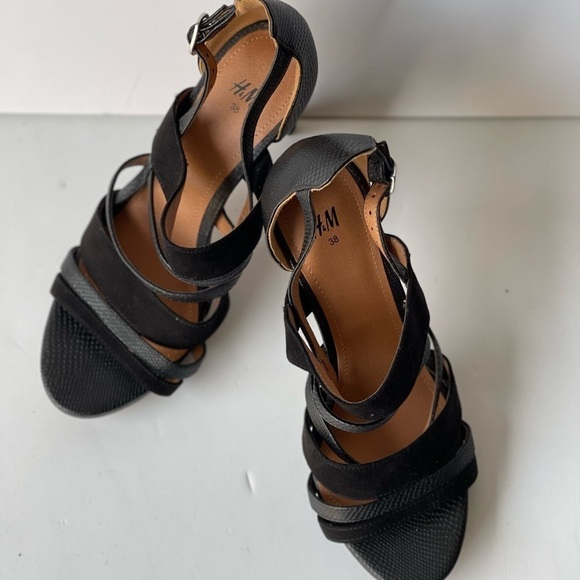 H&M Strappy Black Leather Sandals Stiletto Platform Heels, Sz 7 - Picture 10 of 13
